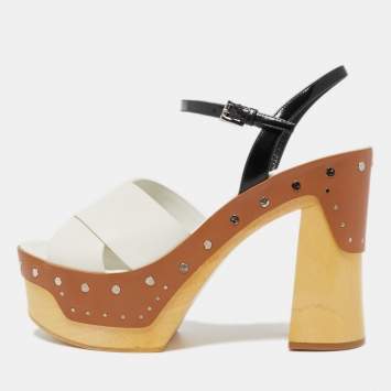 Pre Owned Prada White/Black Leather Studded Platform Block Heel Ankle Strap Sandals Size 40