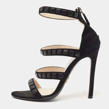 Pre Owned Prada Black Suede Crystal Embellished Ankle Strap Sandals Size 36