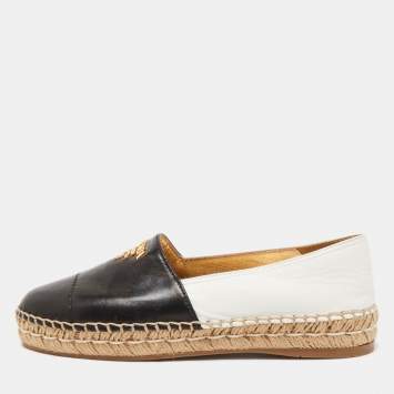 Pre Owned Prada Black/White Leather Logo Espadrille Flats Size 35.5 