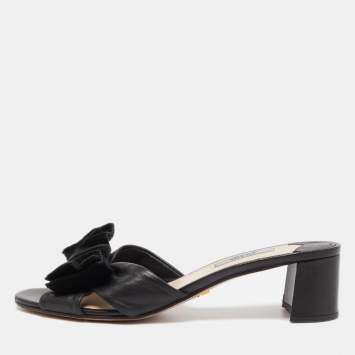 Pre Owned Prada Black Leather Bow Slide Sandals Size 39.5