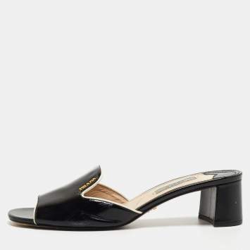 Prada Black Saffiano Vernice Leather Slide Sandals Size 39