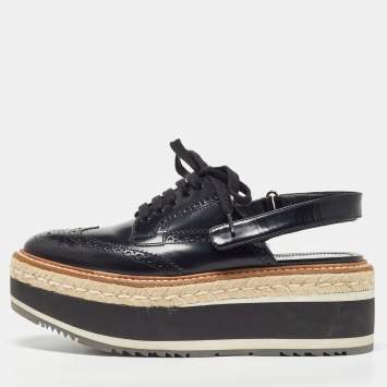 Pre Owned Prada Black Brogue Leather Lace Up Platform Slingback Derby Size 38.5