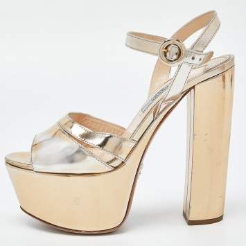 Pre Owned Prada Gold Patent Leather Platform Ankle Strap Sandals Size 36