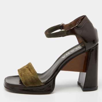 Pre Owned Prada Olive Green/Brown Calf Hair and Patent Leather Platform Ankle Strap Sandals Size 36.5
