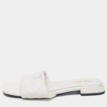 Pre Owned Prada White Quilted Leather Logo Slides Size 40