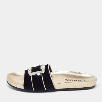 Prada Black Velvet Embellished Buckle Slides Size 39.5 