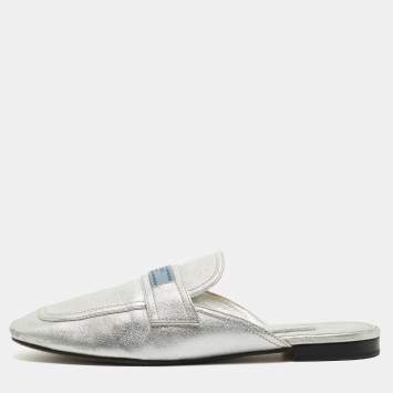 Pre Owned Prada Silver Leather Flat Mules Size 41