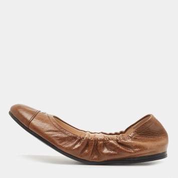 Pre Owned Prada Brown Leather Scrunch Ballet Flats Size 38.5 