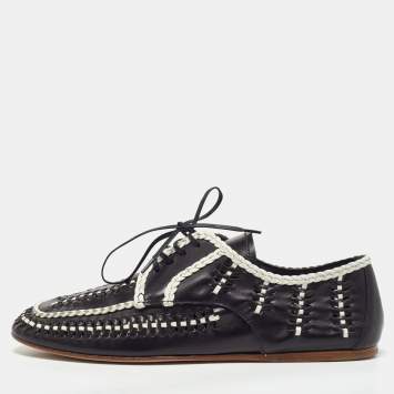 Pre Owned Prada Black/White Woven Leather Boat Shoes Size 39.5