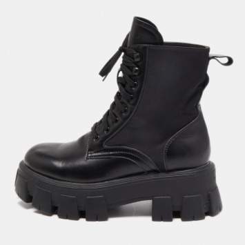 Pre Owned Prada Black Leather and Nylon Combat Boots Size 40