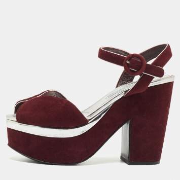 Pre Owned Prada Burgundy Suede Platform Block Heels Ankle Strap Sandals Size 36