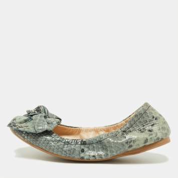 Pre Owned Prada Blue Python Embossed Leather Scrunch Bow Ballet Flats Size 37.5