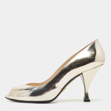 Pre Owned Prada Metallic Gold Leather Peep Toe Pumps Size 39