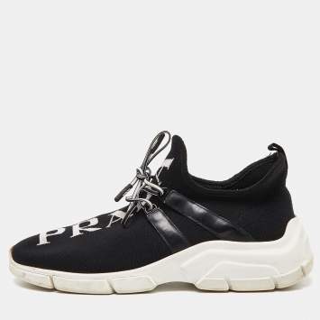 Pre Owned Prada Black Knit Fabric and Leather Logo Low Top Sneakers Size 38