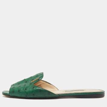 Pre Owned Prada Green Ostrich Leather Flat Slides Size 38