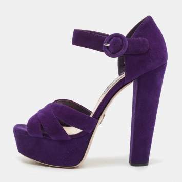 Pre Owned Prada Purple Suede Ankle Strap Platform Sandals Size 37.5