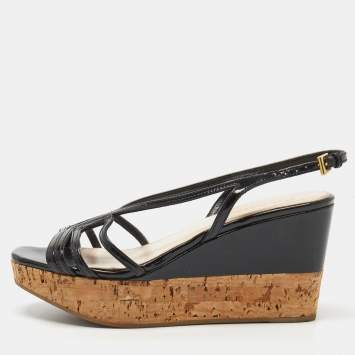 Pre Owned Prada Black Patent Leather Wedge Platform Slingback Sandals Size 35