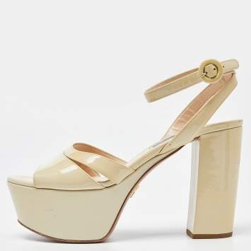 Pre Owned Prada Beige Patent Leather Platform Ankle Strap Sandals Size 39.5