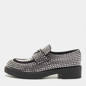 Pre Owned Prada Black Satin Crystals Slip On Loafers Size 38