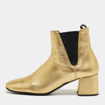 Pre Owned Prada Metallic Gold  Leather Ankle Boots Size 37