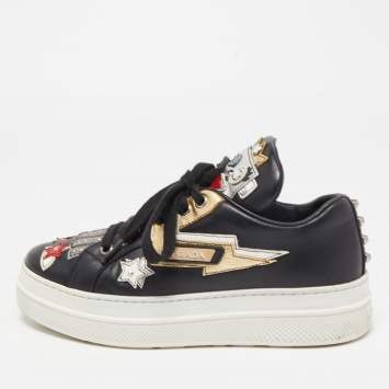 Pre Owned Prada Black Leather Embellished Low Top Sneakers Size 36
