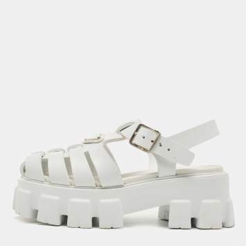 Pre Owned Prada White Leather and Rubber Monolith Platform Sandals Size 35