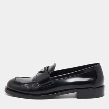 Pre Owned Prada Black Leather Logo Plaque Loafers Size 38.5 
