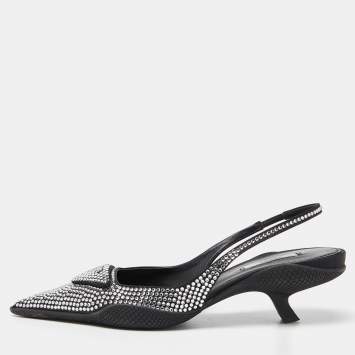 Pre Owned Prada Black Satin Crystal Embellished Pointed Toe Slingback Pumps 38