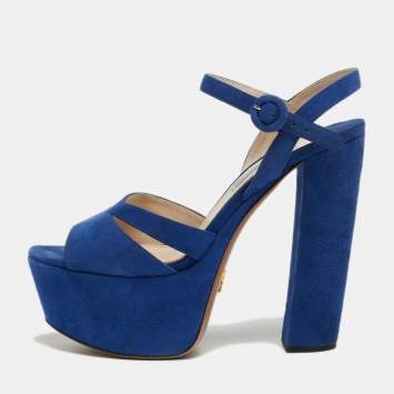 Pre Owned Prada Blue Suede Block Heel Platform Ankle Strap Sandals Size 38.5