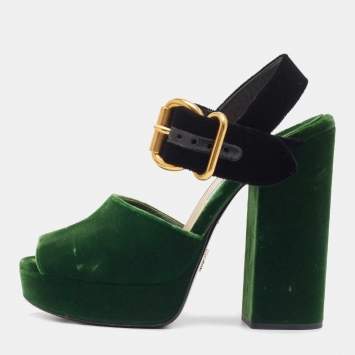 مملوكة مسبقًا Prada Green/Black Velvet Open Toe Platform Ankle Strap Sandals Size 37
