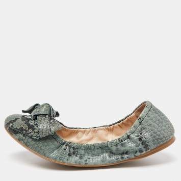 Pre Owned Prada Blue Python Embossed Leather Scrunch Bow Ballet Flats Size 40.5
