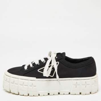 Pre Owned Prada Black Canvas Double Wheel Lace Up Sneakers Size 38