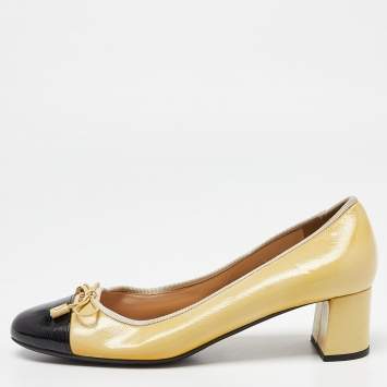 Pre Owned Prada Yellow/Black Patent Leather Bow Block Heel Pumps Size 38.5