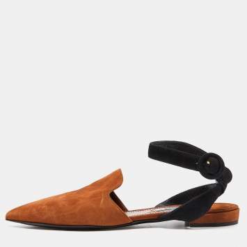 Pre Owned Prada Brown Suede Pointed Toe Ankle Strap Flat Mules Size 37