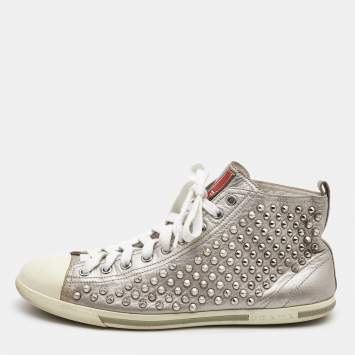 Pre Owned Prada Silver Leather Stud High Top Sneakers Size 40