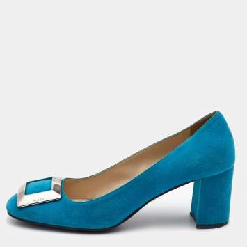 Pre Owned Prada Blue Suede Block Heel Pumps Size 39.5
