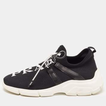 Pre Owned Prada Black Logo Knit Fabric Low Top Sneakers Size 38