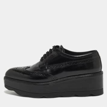 Pre Owned Prada Black Brogue Leather Platform Lace Up Wedge Platform Sneakers Size 39