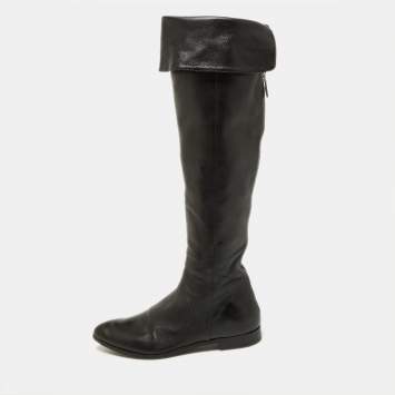 Pre Owned Prada Black Leather Knee Length Boots Size 38.5