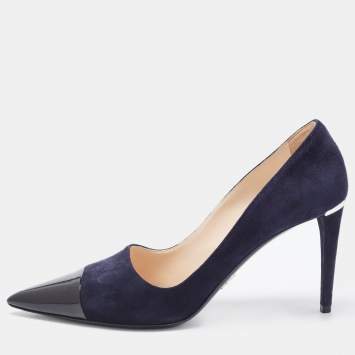 Pre Owned Prada Navy Blue/Black Suede and Patent Leather Pointed Toe Pumps Size 39.5