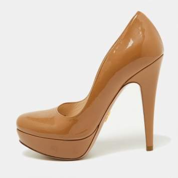 Pre Owned Prada Beige Patent Leather Platform Pumps Size 35