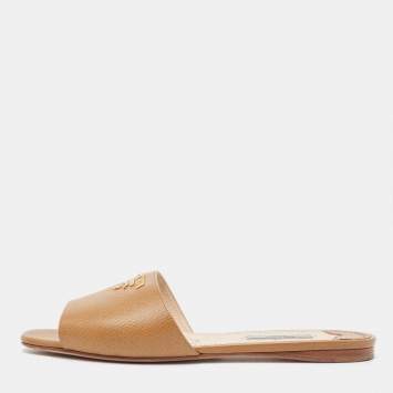 Pre Owned  Prada Brown Saffiano Leather Logo Embellished Flat Slides Size 37.5