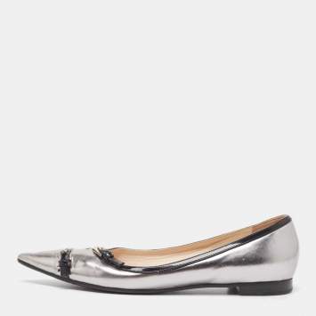 Pre Owned Prada Silver/Black Patent and Leather Buckle Detail Pointed Toe Ballet Flats Size 38.5