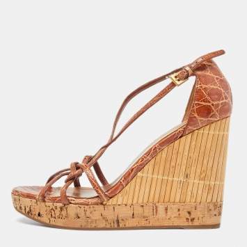 Pre Owned Prada Brown Alligator Bamboo Element Wedge Sandals Size 37.5