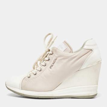 Pre Owned Prada Sport Beige/White Nylon and Leather Wedge High Top Sneakers Size 38