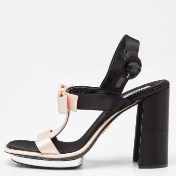 Pre Owned Prada Pink/Black Satin Bow T-Bar Ankle Strap Sandals Size 39