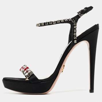 Pre Owned Prada Black Satin Crystal Embellished Ankle Strap Sandals Size 37