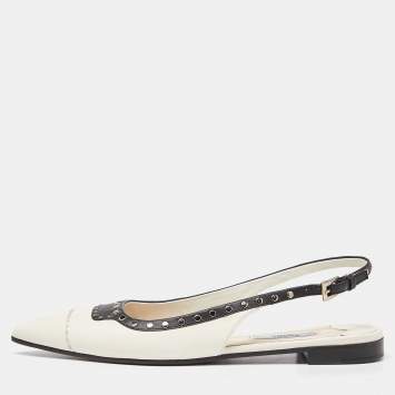 Pre Owned Prada Off White/Black Leather Studded Slingback Flats Size 38
