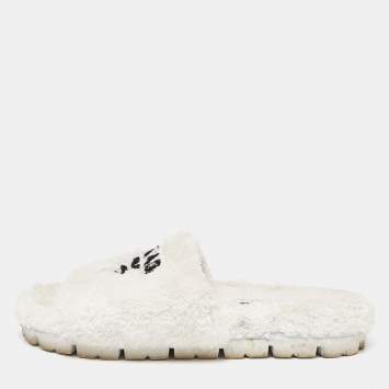 Pre Owned Prada White Terry Fabric Slides Size 38