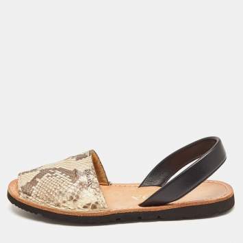 Pre Owned .Prada Beige/Black Python and Leather Flat Slingback Sandals Size 37